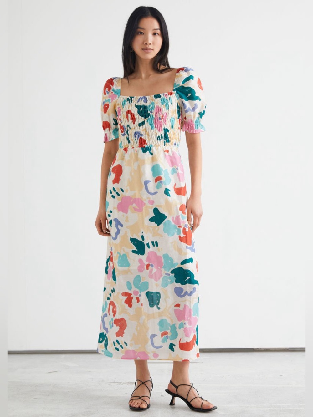 & Other Stories Multicolor Puff-Sleeve Smocked Midi Dress